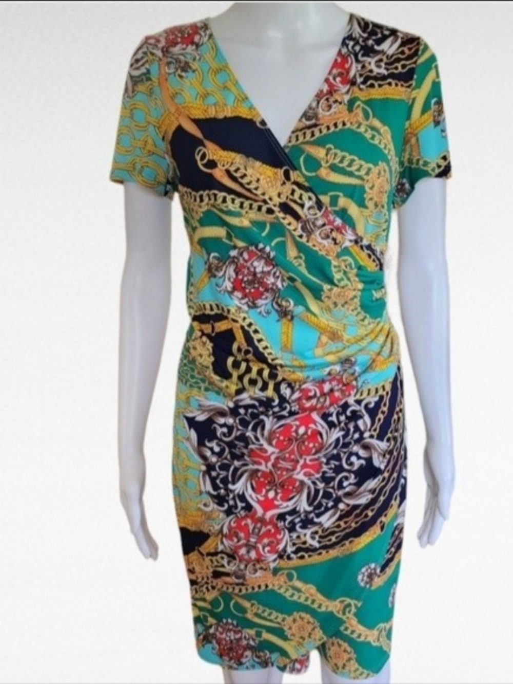 Green Chain-Print Wrap Dress
